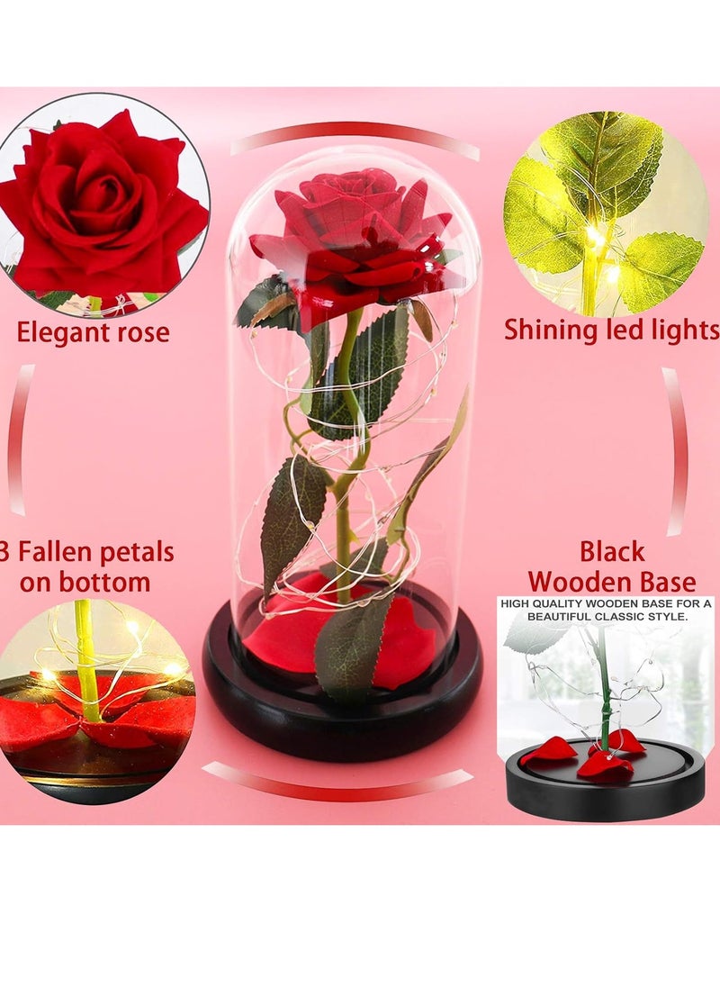 Beauty and The Beast Rose - Enchanted Red Silk Rose in Glass Dome with LED Light - Romantic Rose Kit - for Best Gifts Special Day, Girlfriend, Wedding Anniversary, Birthday etc.