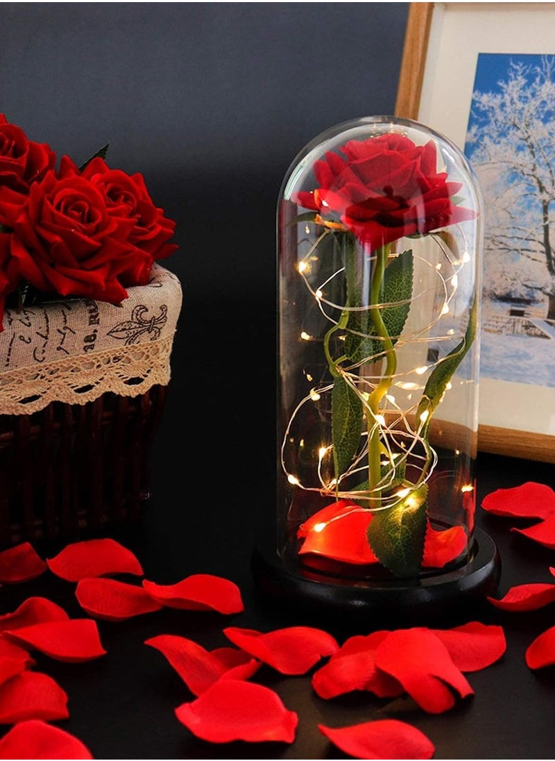 Beauty and The Beast Rose - Enchanted Red Silk Rose in Glass Dome with LED Light - Romantic Rose Kit - for Best Gifts Special Day, Girlfriend, Wedding Anniversary, Birthday etc.