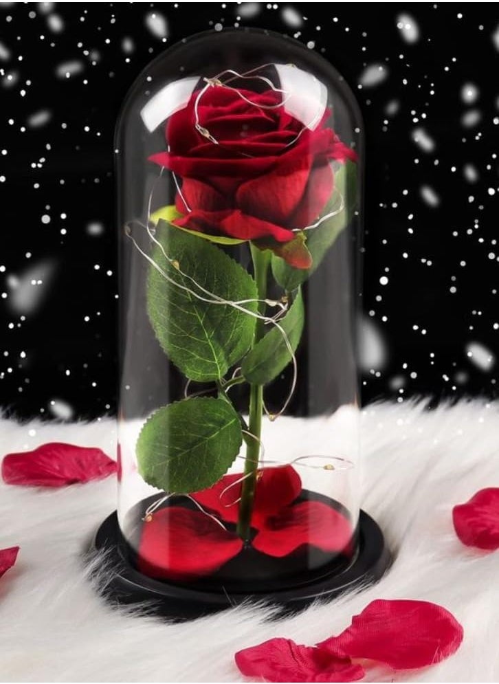 Beauty and The Beast Rose - Enchanted Red Silk Rose in Glass Dome with LED Light - Romantic Rose Kit - for Best Gifts Special Day, Girlfriend, Wedding Anniversary, Birthday etc.