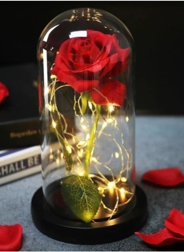 Beauty and The Beast Rose - Enchanted Red Silk Rose in Glass Dome with LED Light - Romantic Rose Kit - for Best Gifts Special Day, Girlfriend, Wedding Anniversary, Birthday etc.