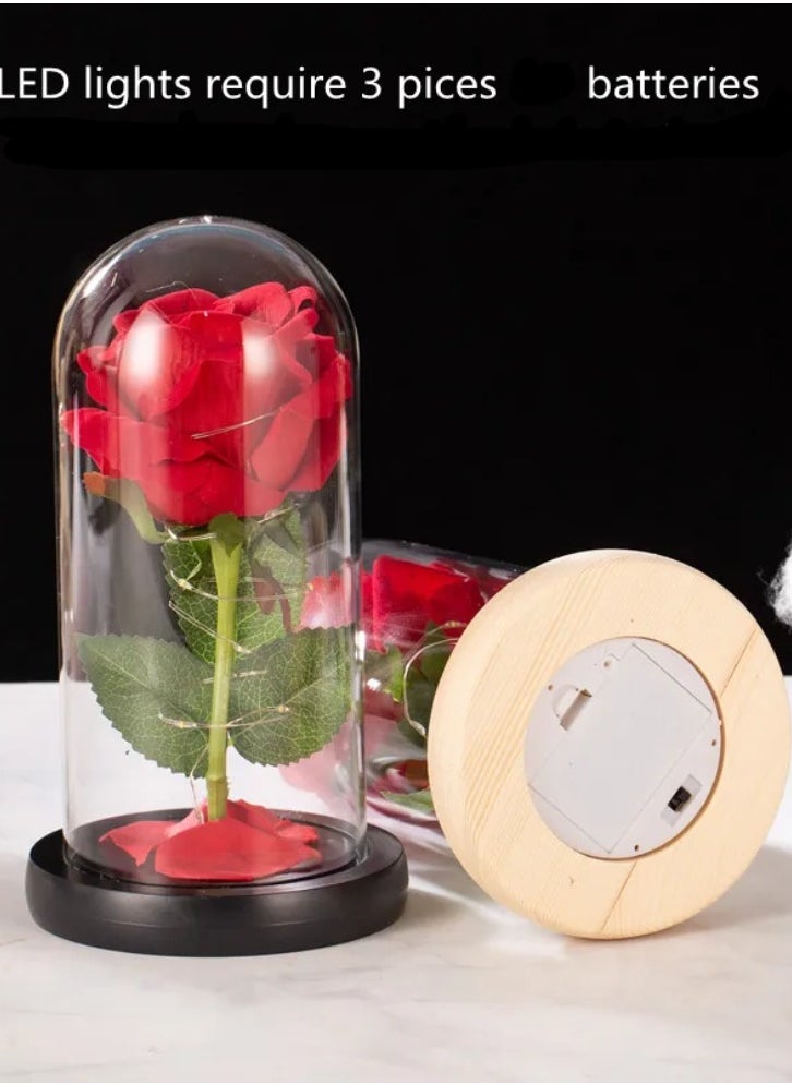 Beauty and The Beast Rose - Enchanted Red Silk Rose in Glass Dome with LED Light - Romantic Rose Kit - for Best Gifts Special Day, Girlfriend, Wedding Anniversary, Birthday etc.