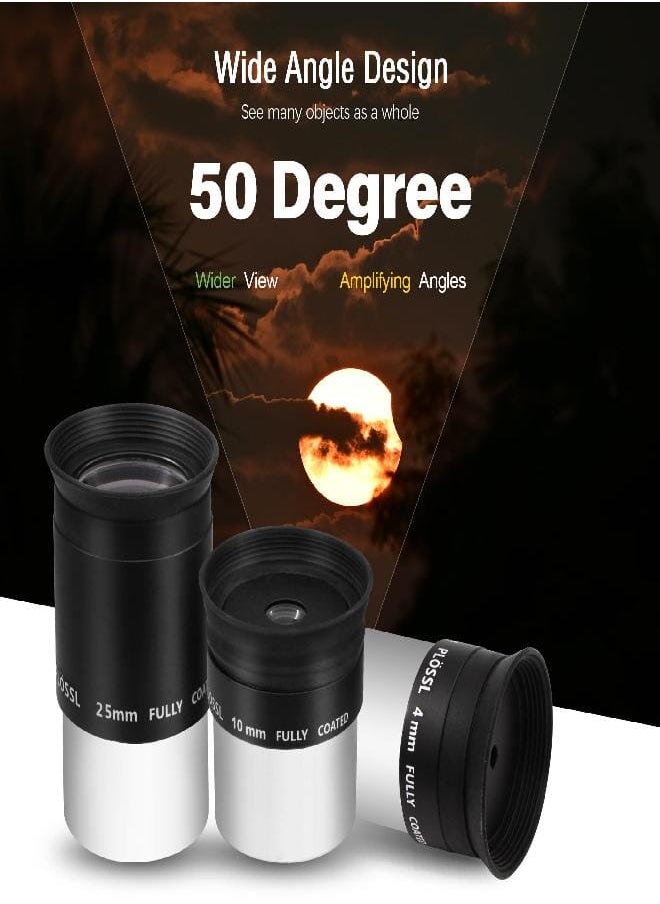 Astromania Multi Coated 1.25-Inch Plossl Eyepieces(4mm, 10mm, 25mm) with 2X Barlow Astronomical Telescope Accessory Kit - let You get The Most Out and enhances The Performance of Your Telescope