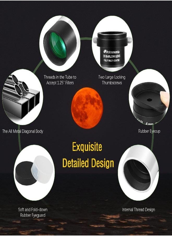 Astromania Multi Coated 1.25-Inch Plossl Eyepieces(4mm, 10mm, 25mm) with 2X Barlow Astronomical Telescope Accessory Kit - let You get The Most Out and enhances The Performance of Your Telescope