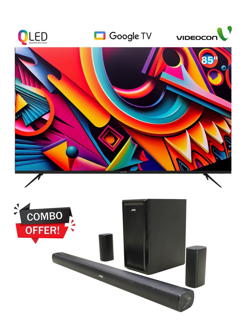 85 inch Edgeless QLED 4K UHD Official Google TV + JVC 5.1Ch Soundbar With Wireless Subwoofer Combo E85QLGT1100+TH-N430B Black