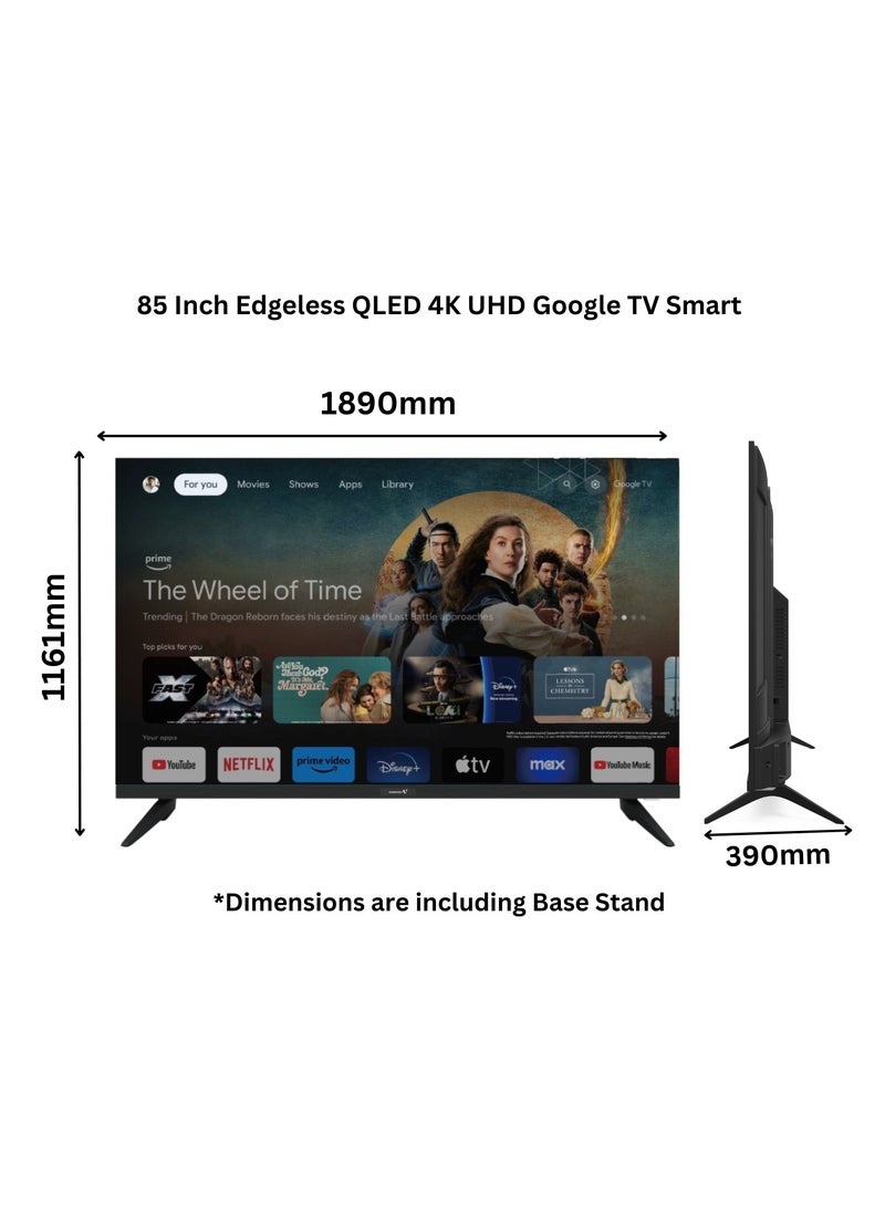 85 inch Edgeless QLED 4K UHD Official Google TV + JVC 5.1Ch Soundbar With Wireless Subwoofer Combo E85QLGT1100+TH-N430B Black