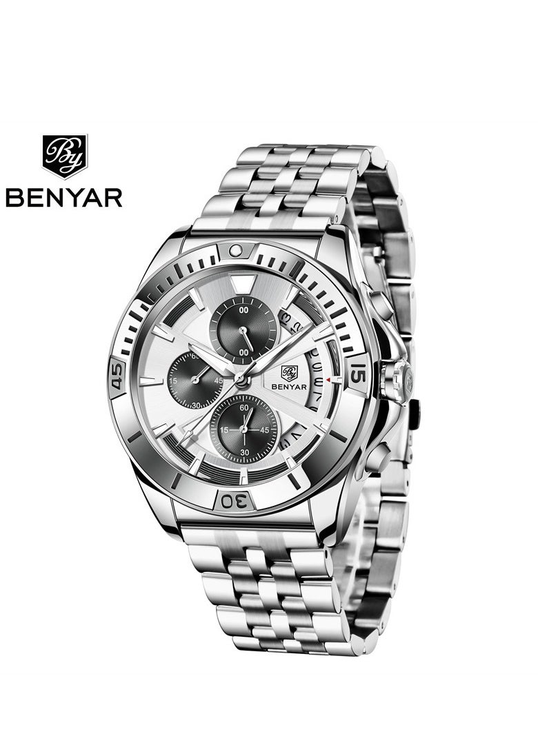 BENYAR Men's Quartz Watch Multifunctional Steel Strap Fashion Waterproof Luminous Men's Watch