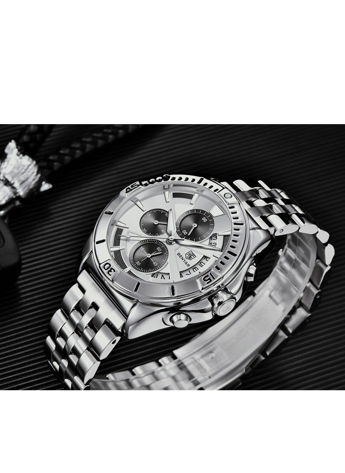 BENYAR Men's Quartz Watch Multifunctional Steel Strap Fashion Waterproof Luminous Men's Watch