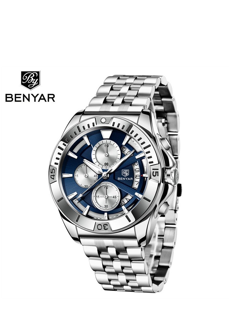 BENYAR Men's Quartz Watch Multifunctional Steel Strap Fashion Waterproof Luminous Men's Watch