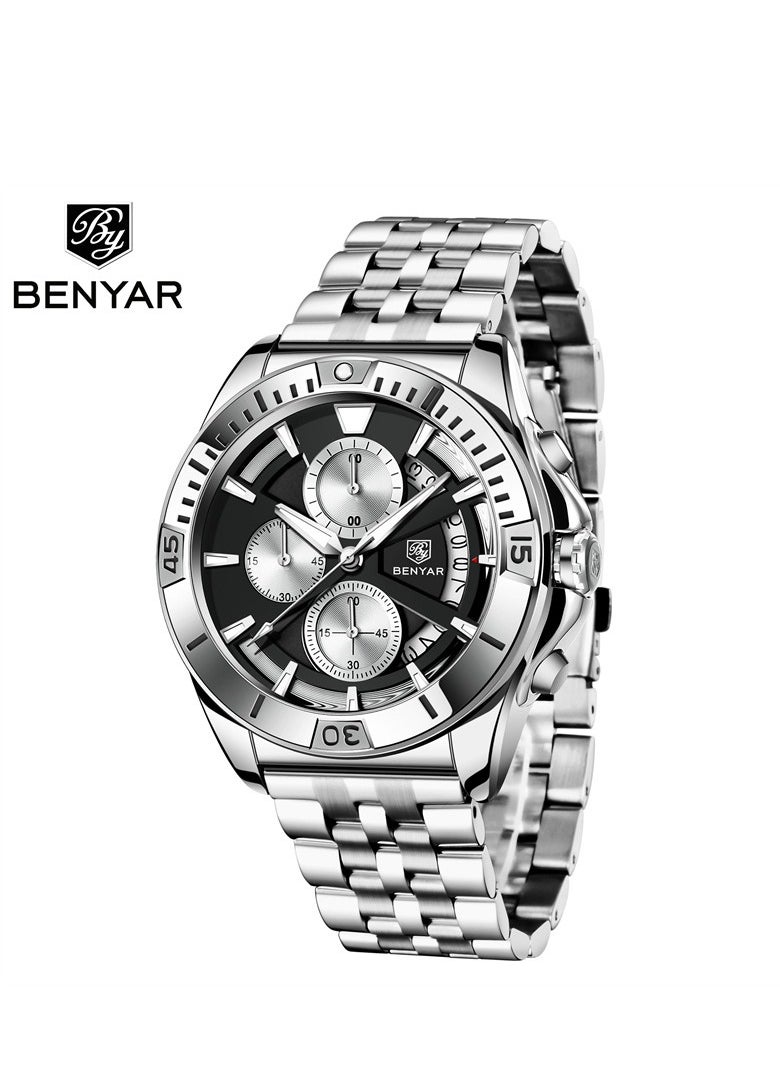 BENYAR Men's Quartz Watch Multifunctional Steel Strap Fashion Waterproof Luminous Men's Watch