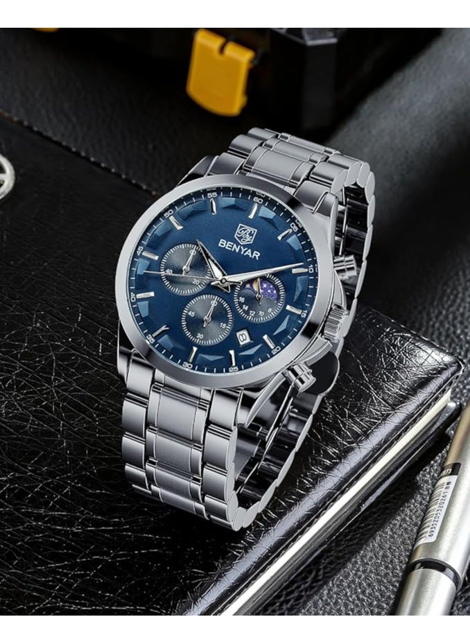 Mens Watches Multifunction Chronograph Date Quartz Watch for Men Stainless Steel Band Analog Wrist Watch Gift for Men Casual Business