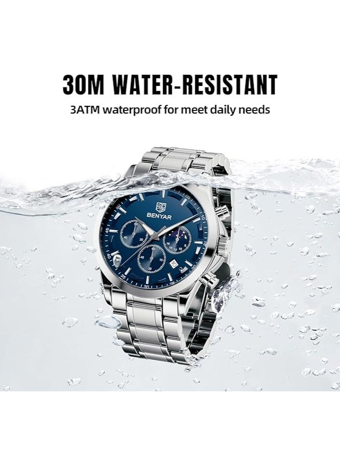 Mens Watches Multifunction Chronograph Date Quartz Watch for Men Stainless Steel Band Analog Wrist Watch Gift for Men Casual Business