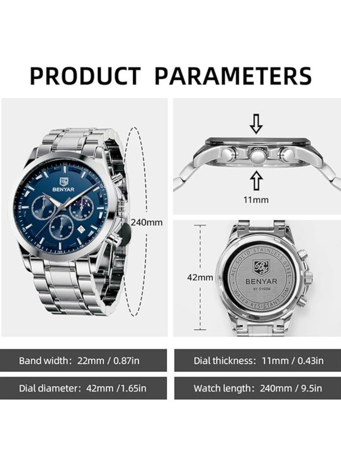 Mens Watches Multifunction Chronograph Date Quartz Watch for Men Stainless Steel Band Analog Wrist Watch Gift for Men Casual Business