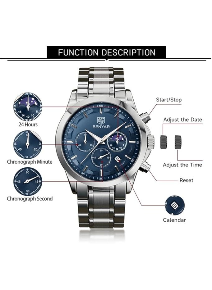 Mens Watches Multifunction Chronograph Date Quartz Watch for Men Stainless Steel Band Analog Wrist Watch Gift for Men Casual Business