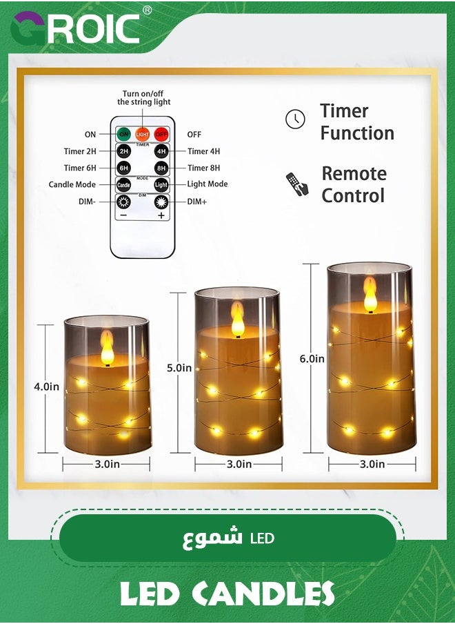 3 Pcs Flameless LED Candles with Remote Timer,Flickering Flameless Candles for Romantic Ambiance and Home Decoration Stable Acrylic Shell,Embedded String Lights LED Candles