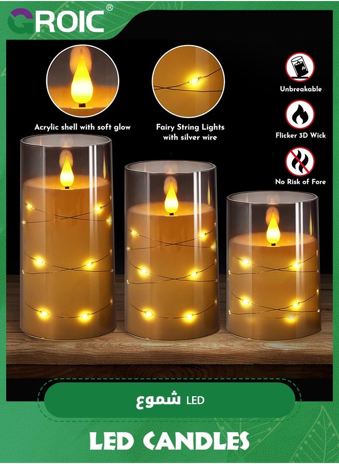 3 Pcs Flameless LED Candles with Remote Timer,Flickering Flameless Candles for Romantic Ambiance and Home Decoration Stable Acrylic Shell,Embedded String Lights LED Candles