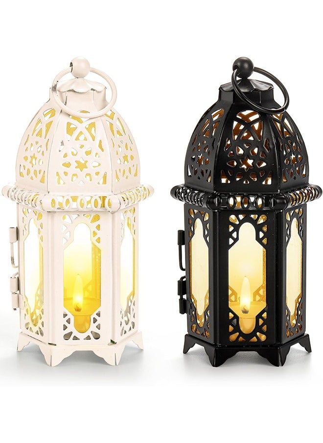 Ramadan Lanterns, Ramadan Decorations for Home, 2 Pieces Moroccan Style Candle Lanterns with Transparent Glass Panels, Hanging Lantern Outdoor for Ramadan Decorative Metal Lamp for Patio, Weddings