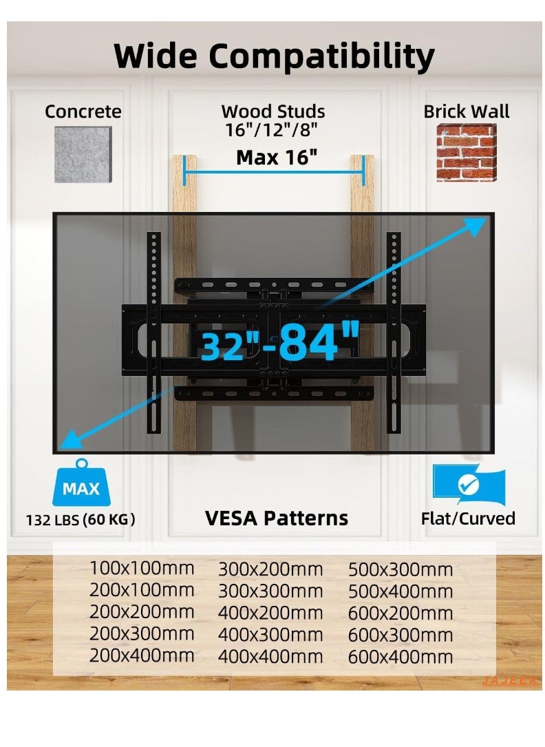 Swivel TV Wall Mount for 32-75 Inch TVs – Full Motion TV Mount with ±60° Swivel, 5°/-15° Tilt – Max VESA 600x400mm, Load Capacity 132lbs/60kg, 15.2