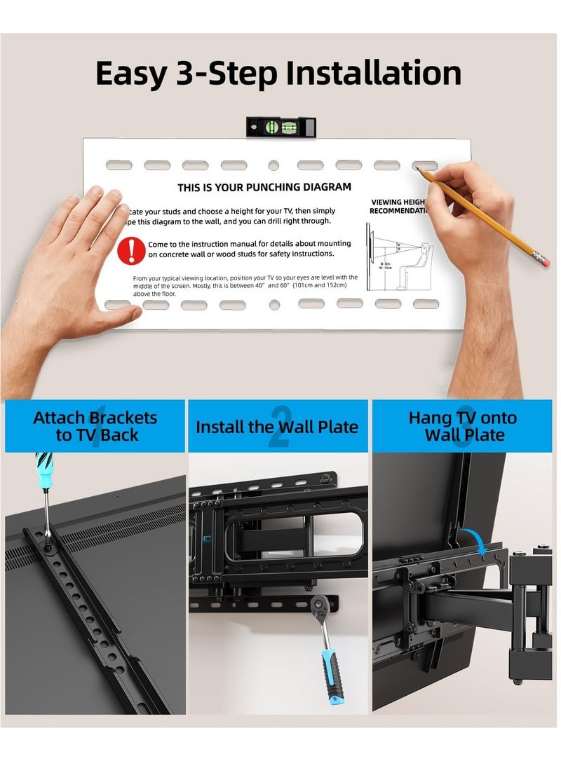 Swivel TV Wall Mount for 32-75 Inch TVs – Full Motion TV Mount with ±60° Swivel, 5°/-15° Tilt – Max VESA 600x400mm, Load Capacity 132lbs/60kg, 15.2