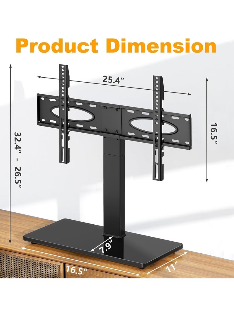 Universal Tabletop TV Stand, Swivel TV Stand Base for 37-70 Inch Flat/Curved TVs, Adjustable Height, Tempered Glass Base, Wire Management, VESA 600x400mm, Holds up to 110lbs