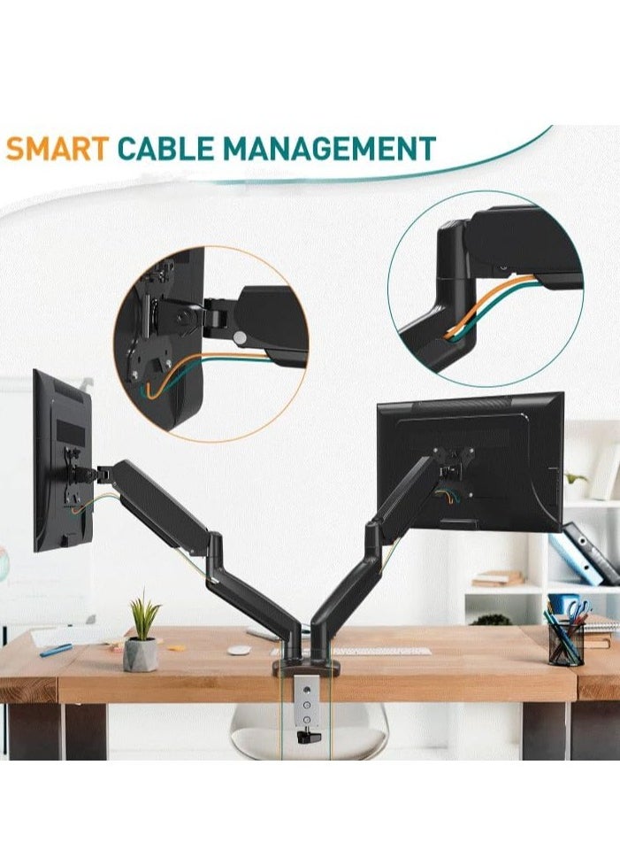 Dual Monitor Arm - Adjustable Gas Spring Ergonomic Monitor Mount for 13-32 Inch Screens, VESA Compatible (75x75/100x100), C-Clamp & Grommet, Heavy Duty Desk Stand, Full Motion, Easy Installation, Space-Saving Solution