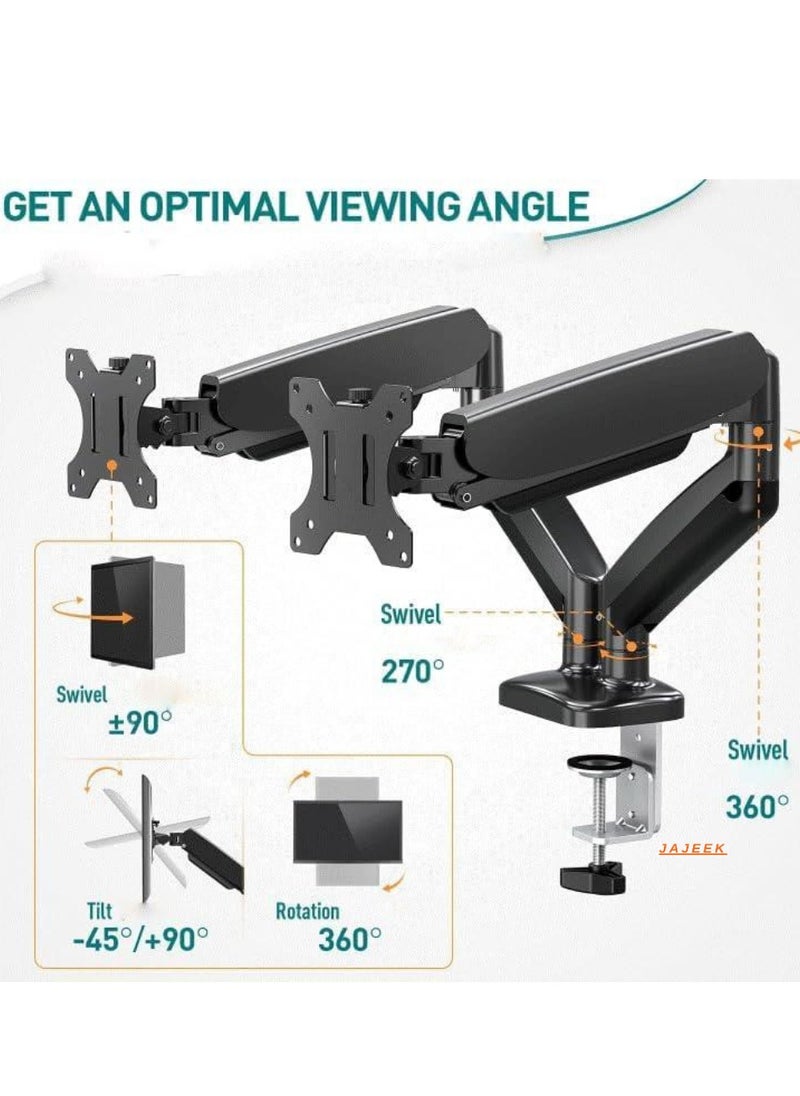 Dual Monitor Arm - Adjustable Gas Spring Ergonomic Monitor Mount for 13-32 Inch Screens, VESA Compatible (75x75/100x100), C-Clamp & Grommet, Heavy Duty Desk Stand, Full Motion, Easy Installation, Space-Saving Solution