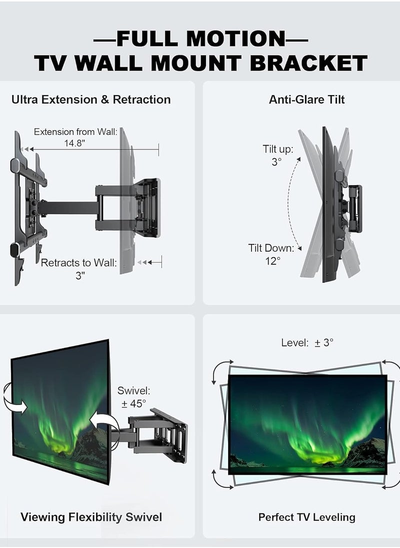 Full Motion Wall Mount TV Bracket, Articulating Swivel Extension Arm, Fits 37-75 Inch TVs Up to 132lbs, Max VESA 600 x 400mm, Heavy Duty TV Mount for Home & Office (EBLF7), Adjustable Tilt & Swivel for Optimal Viewing