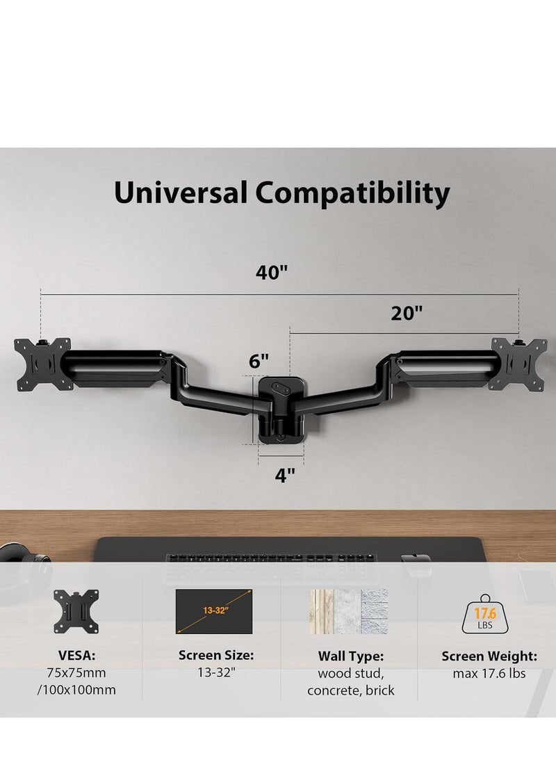 Dual Monitor Wall Mount Bracket - Gas Spring Monitor Wall Arm for 17-32 Inch Screens, Holds up to 18lbs, VESA 75x75/100x100mm, Adjustable Wall-Mounted Stand for 2 Monitors, Full Motion Tilt & Swivel for Ergonomic Viewing