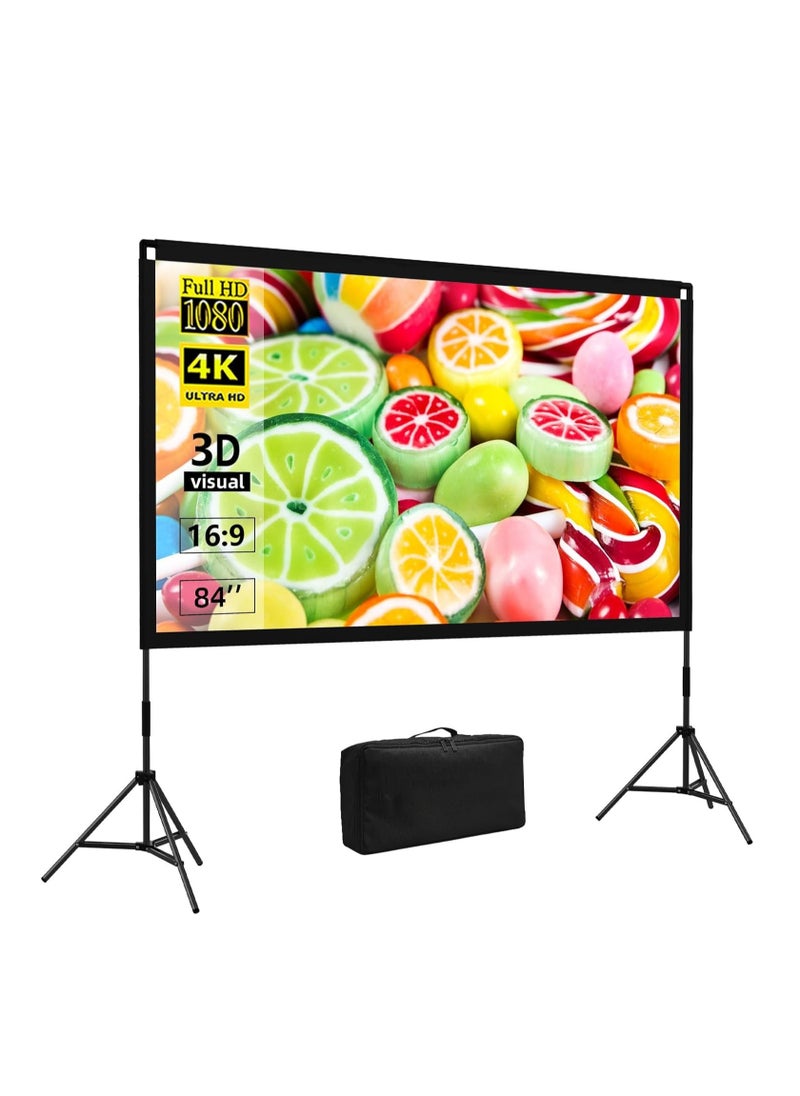 Projector Screen with Stand,84 Inch Portable Indoor Outdoor Projection Screen 16:9 Hd 4K Wrinkle-Free Outdoor Movies Screen Carrying Bag for Home Backyard Theater