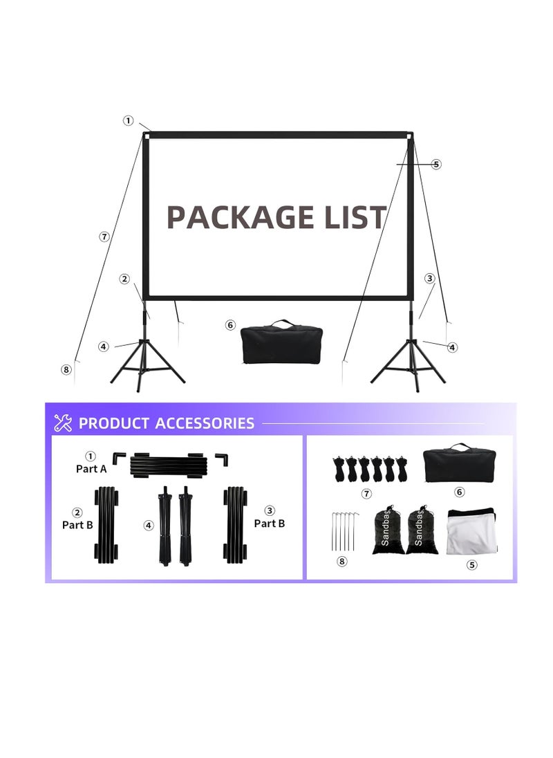 Projector Screen with Stand,84 Inch Portable Indoor Outdoor Projection Screen 16:9 Hd 4K Wrinkle-Free Outdoor Movies Screen Carrying Bag for Home Backyard Theater