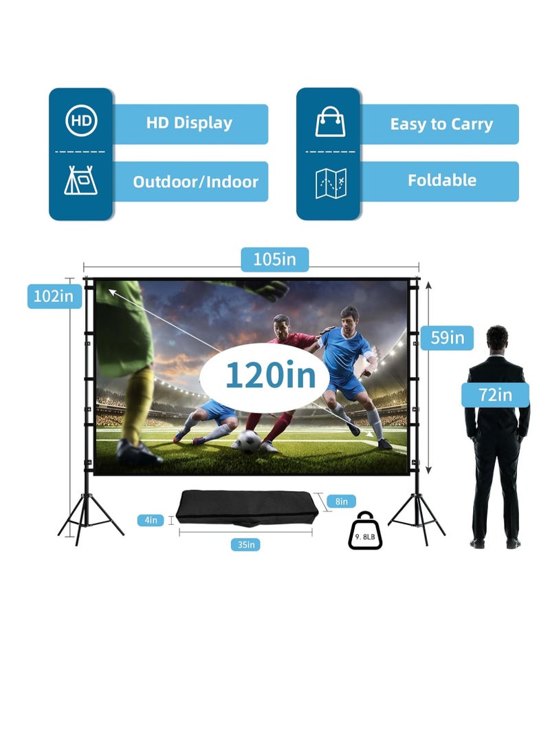 Projector Screen with Stand,120 Inch Portable Indoor Outdoor Projection Screen 16:9 Hd 4K Wrinkle-Free Outdoor Movies Screen Carrying Bag for Home Backyard Theater