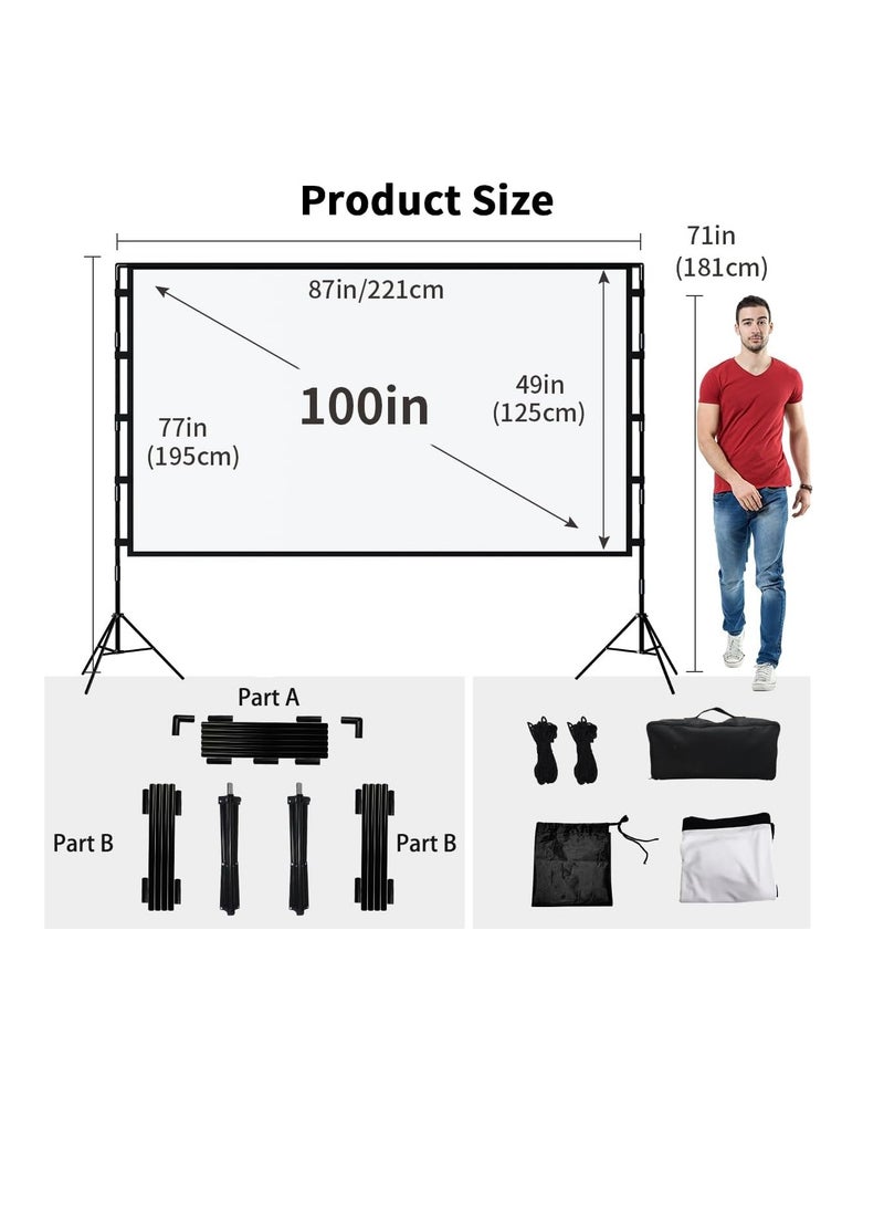 Projector Screen with Stand,100 Inch Portable Indoor Outdoor Projection Screen 16:9 Hd 4K Wrinkle-Free Outdoor Movies Screen Carrying Bag for Home Backyard Theater