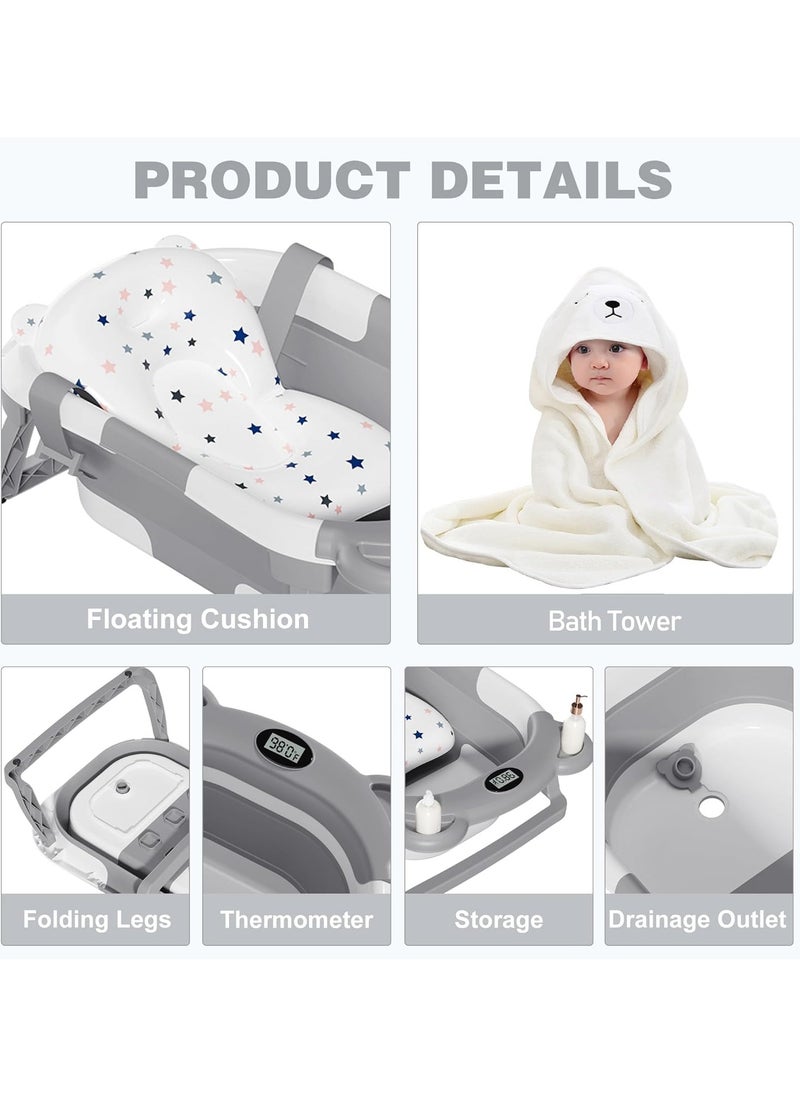 Collapsible Baby Bathtub for Newborn with Thermometer & 1 Hooded Towel & 1 Soft Floating Cushion,Portable Travel Bathtub with Drain Hole, Durable Foldable Baby Tubs for Infants to Toddler