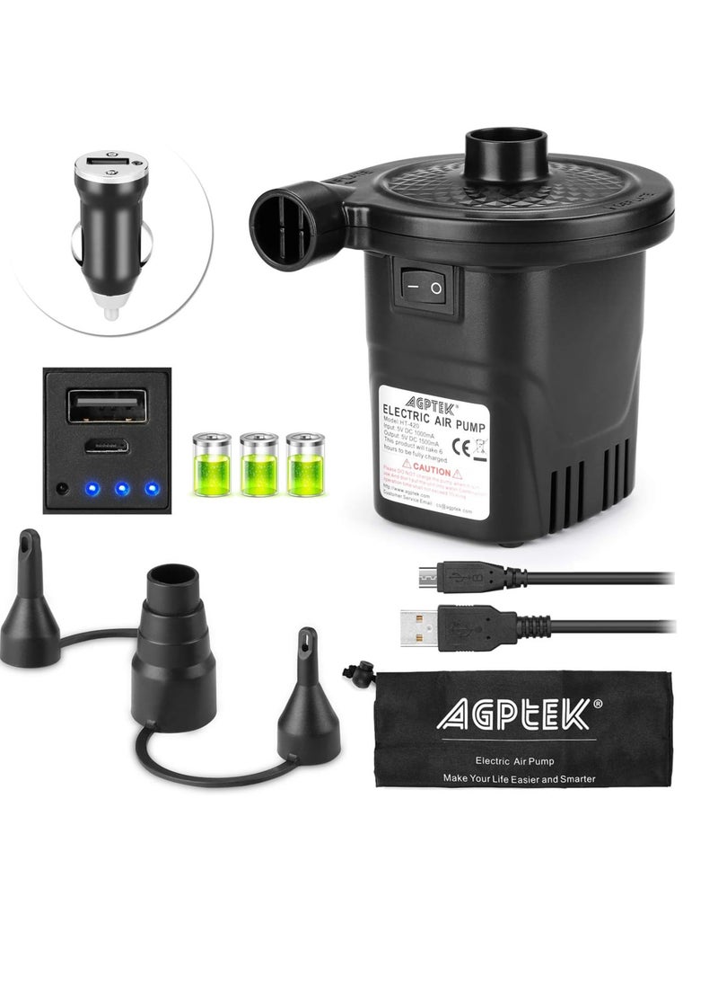 AGPTEK Rechargeable Air Pump, Electric Air Pump 4000mAh Battery Quick-Fill Inflator & Deflator with 3 Nozzles, Lightweight & Portable Perfect for Air Beds, Air Mattresses, Pool Toys & Inflatable