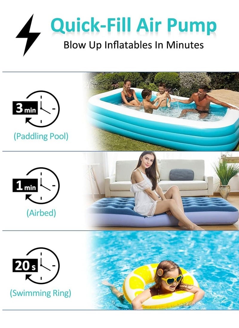 Electric Air Pump for Inflatables- 2×2000mAH Rechargeable Battery Powered Air Mattress Pump- Cordless Portable Air Pump, Quick-Fill Inflator Pump for Camping Air Mattress Bed, Pool Floats Toys, Boats