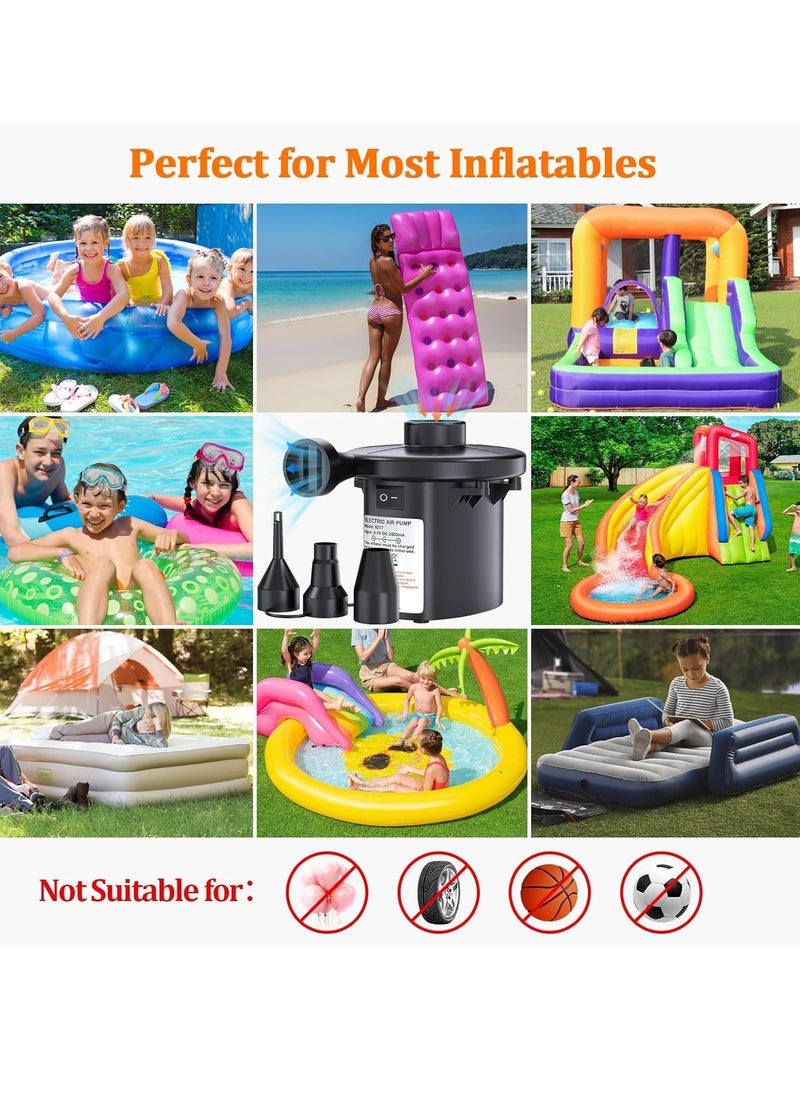 PULIDIKI Air Pump Electric Air Pump for Inflatables Air Mattress Pump Rechargeable Battery Air Pump with 3 Nozzles Inflator Deflator for Camping Air Mattress Beds, Air Sofa, Boat, Pool Toys