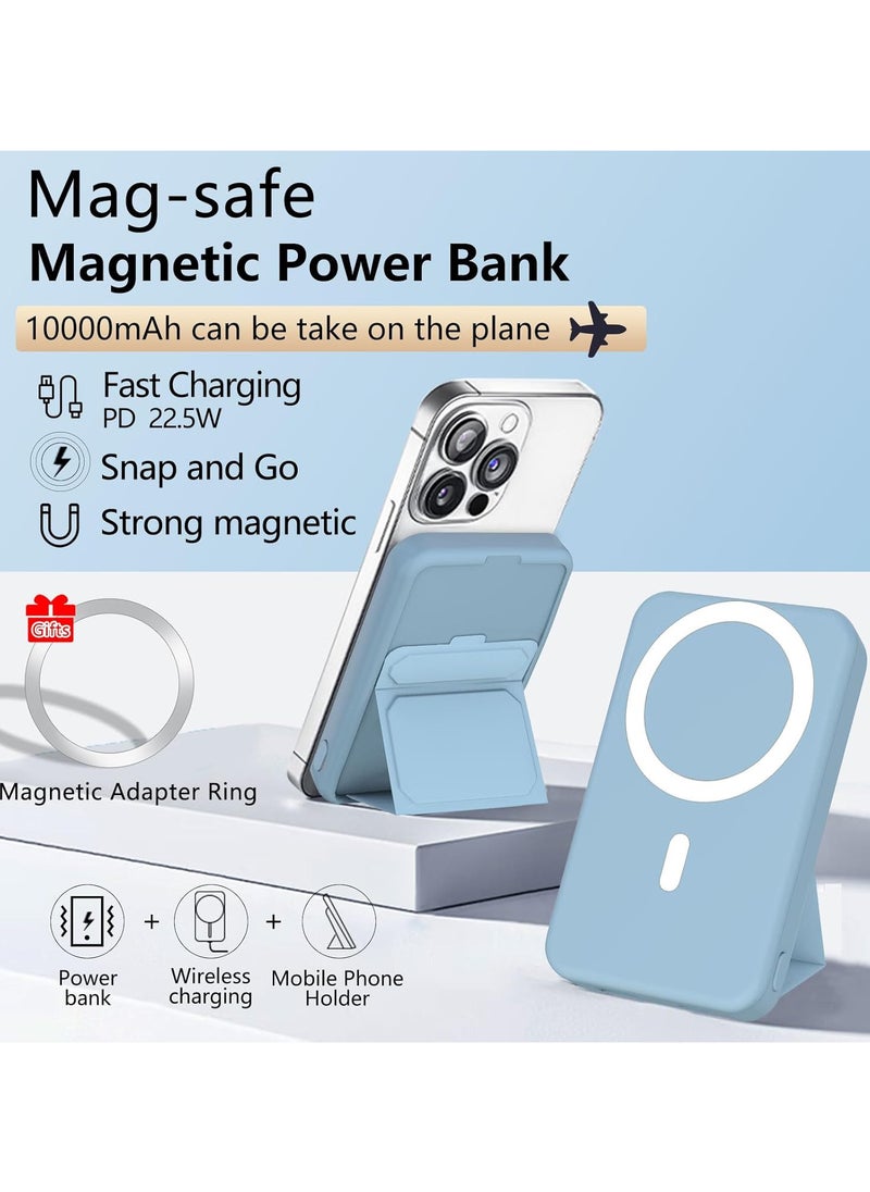 Wireless Magnetic Power Bank 10000mAh, Mag Safe Battery Pack with Foldable Stand, PD 22.5W Fast Charging Mag Safe Portable Charger with USB C Cable LED Display for iPhone 16/15/14/13 Series