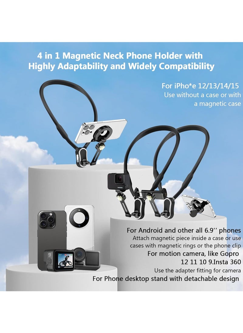 4 in 1 Magnetic Neck Phone Holder, Neck Mount for Phones,POV/Vlog Phone Neck Holder for Recording w/Chest Strap/Phone Clip Selfie Mount Neck Tripod for iPhone/Android/Go Pro DJI Camera-Black