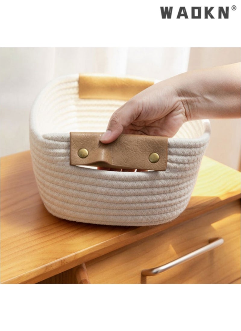 Rectangle Cotton Rope Woven Basket with Handles for Books, Magazines, Toys - Decorative Rectangle Basket for Baby Nursery, Living Room, Bathroom