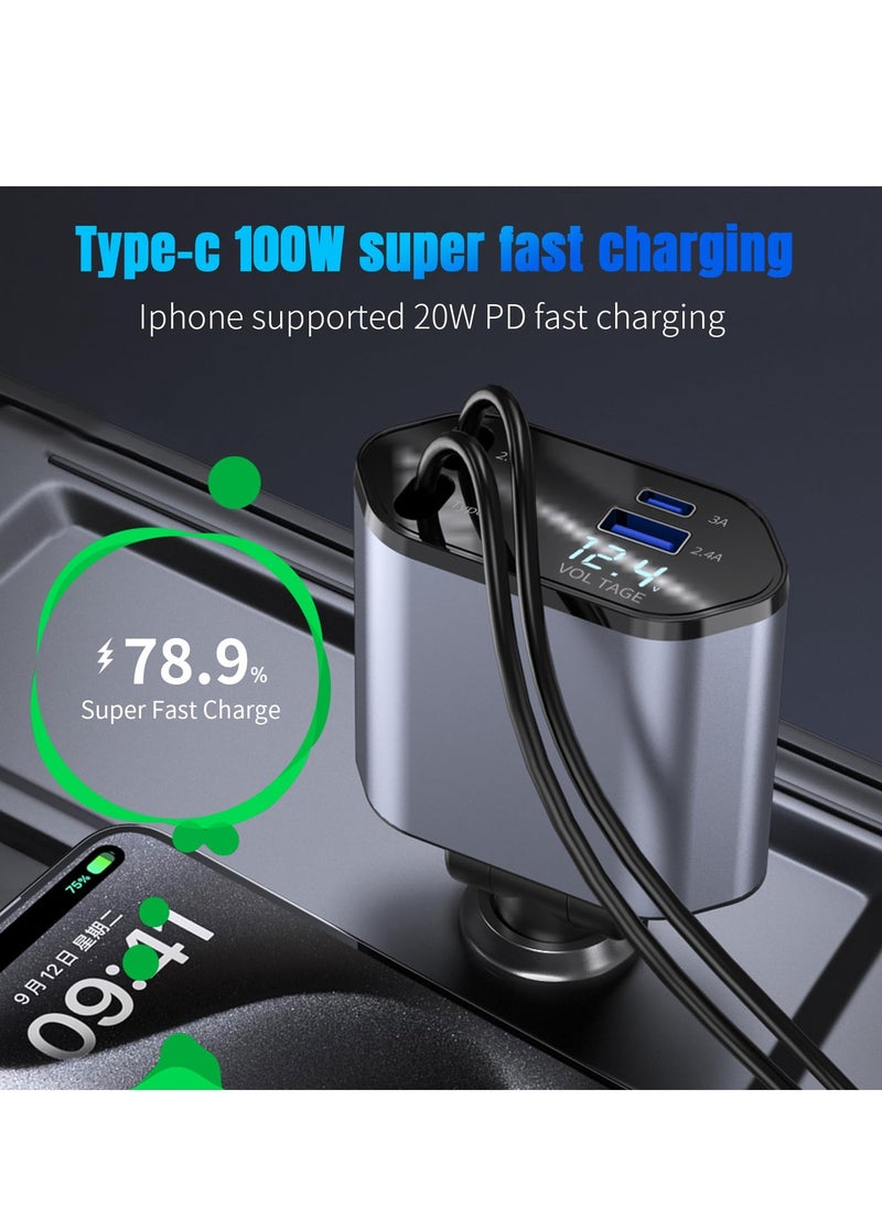 Retractable Car Charger, 4 in 1 Fast Car Phone Charger 100W with Cord 2.6ft, Retractable Cable and 2 USB Ports Car Charger Adapter for iPhone 15 14 13 12 Pro Max, Galaxy S23