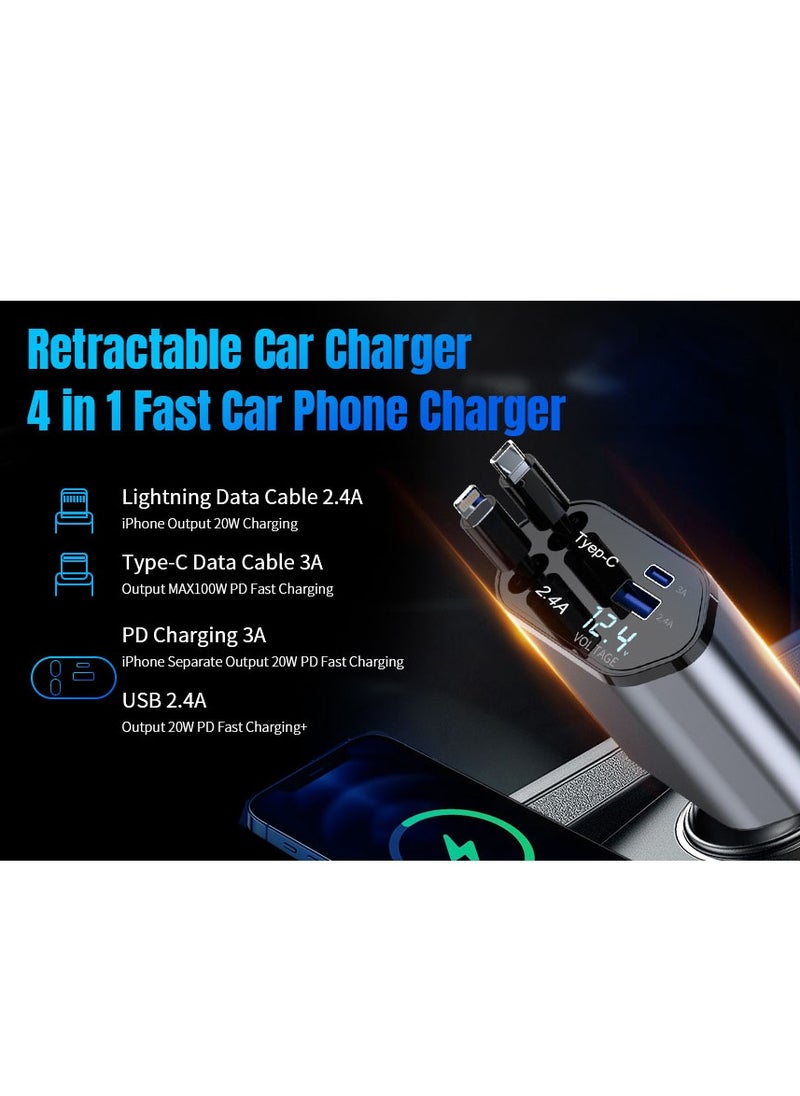 Retractable Car Charger, 4 in 1 Fast Car Phone Charger 100W with Cord 2.6ft, Retractable Cable and 2 USB Ports Car Charger Adapter for iPhone 15 14 13 12 Pro Max, Galaxy S23