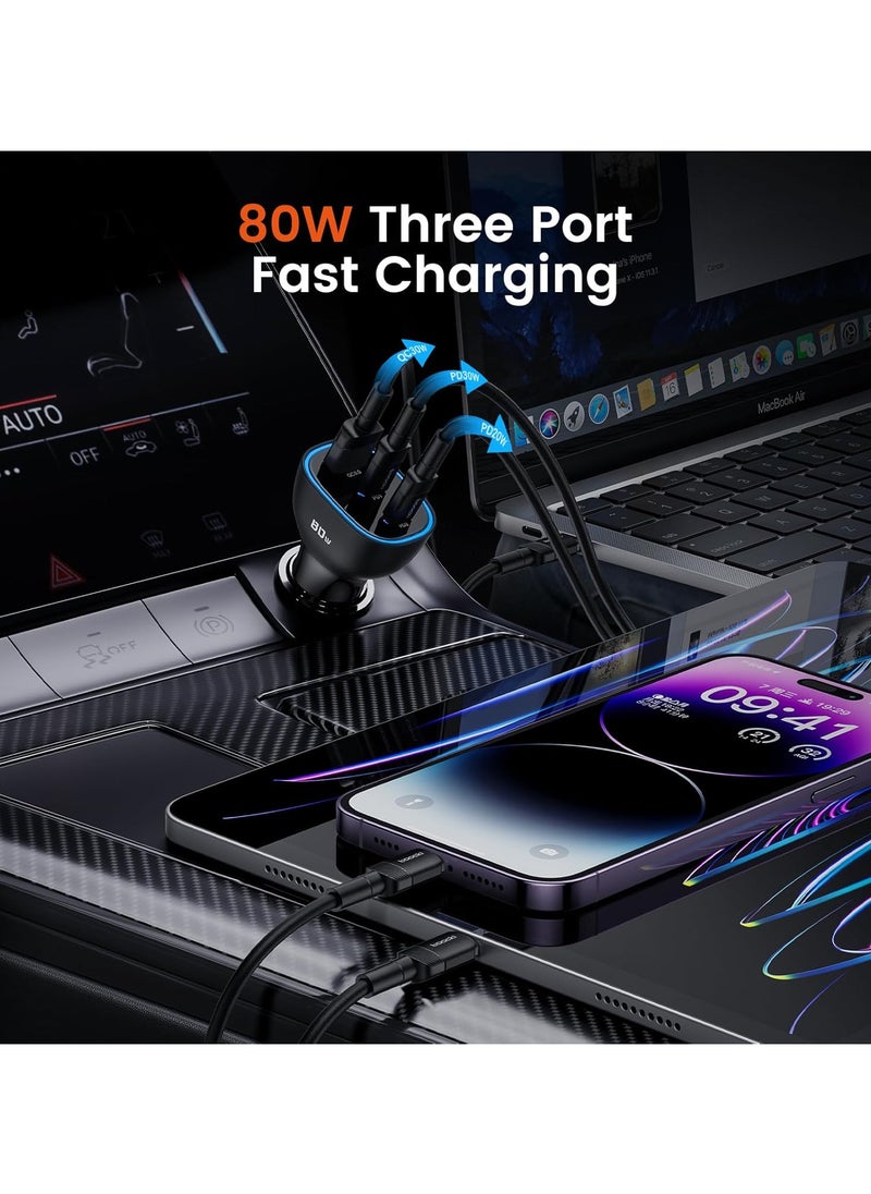 80W USB C Car Charger with 100W LED Display USB C to USB C Cable