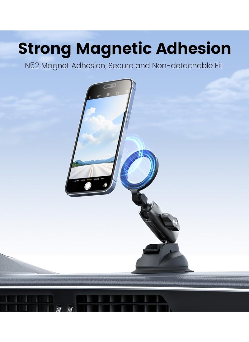 Magnetic Aluminum Suction Cup Car Phone Holder for Video Recording, 360° Adjustment Car Phone Mount Dashboard Phone Holder for Magsafe, Windshield Window Dash Vent Mount for iPhone Android