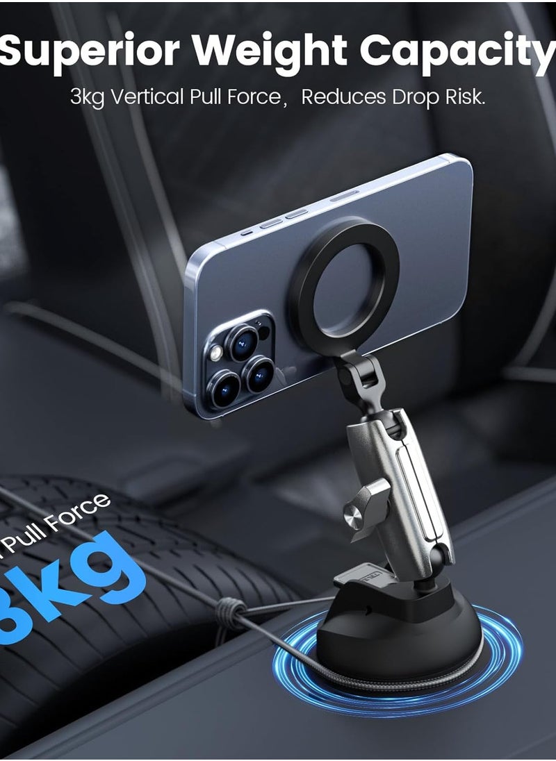 Magnetic Aluminum Suction Cup Car Phone Holder for Video Recording, 360° Adjustment Car Phone Mount Dashboard Phone Holder for Magsafe, Windshield Window Dash Vent Mount for iPhone Android