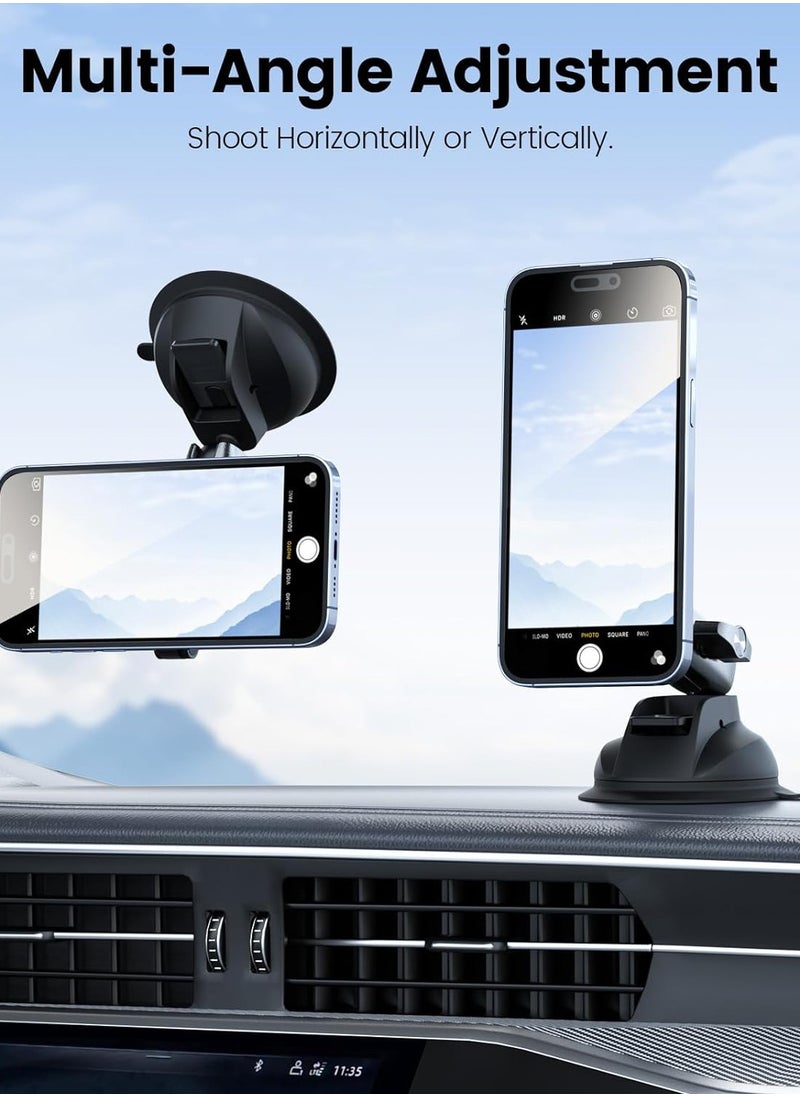 Magnetic Aluminum Suction Cup Car Phone Holder for Video Recording, 360° Adjustment Car Phone Mount Dashboard Phone Holder for Magsafe, Windshield Window Dash Vent Mount for iPhone Android