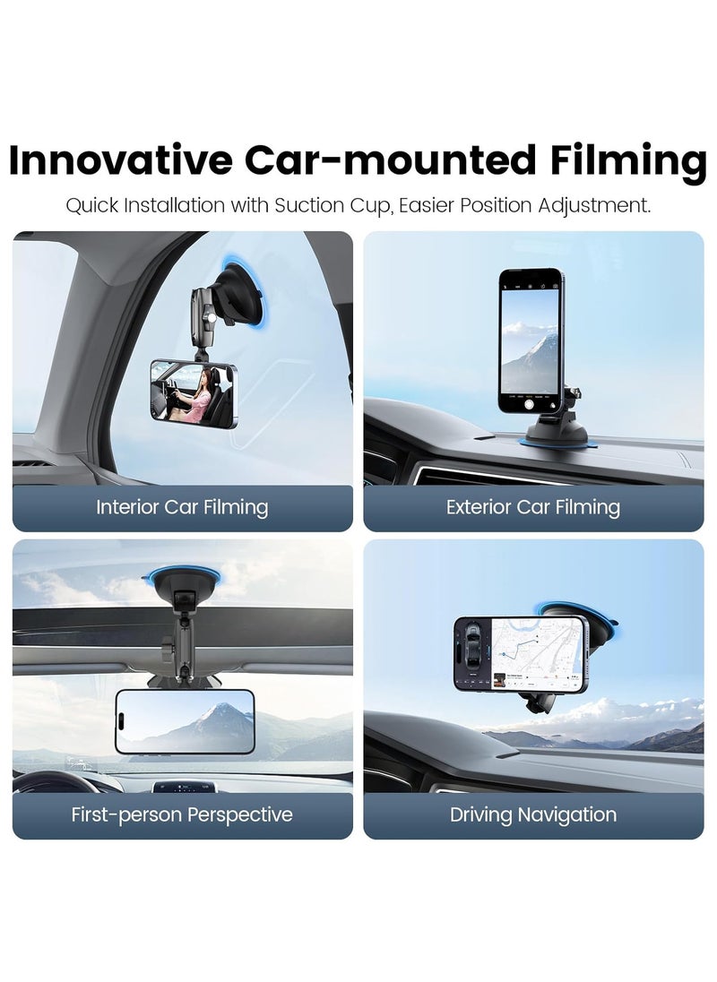 Magnetic Aluminum Suction Cup Car Phone Holder for Video Recording, 360° Adjustment Car Phone Mount Dashboard Phone Holder for Magsafe, Windshield Window Dash Vent Mount for iPhone Android