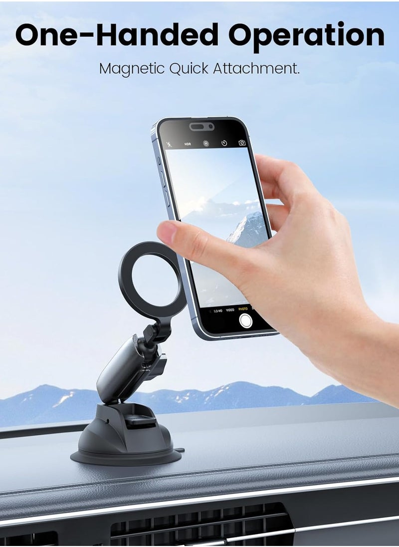 Magnetic Aluminum Suction Cup Car Phone Holder for Video Recording, 360° Adjustment Car Phone Mount Dashboard Phone Holder for Magsafe, Windshield Window Dash Vent Mount for iPhone Android