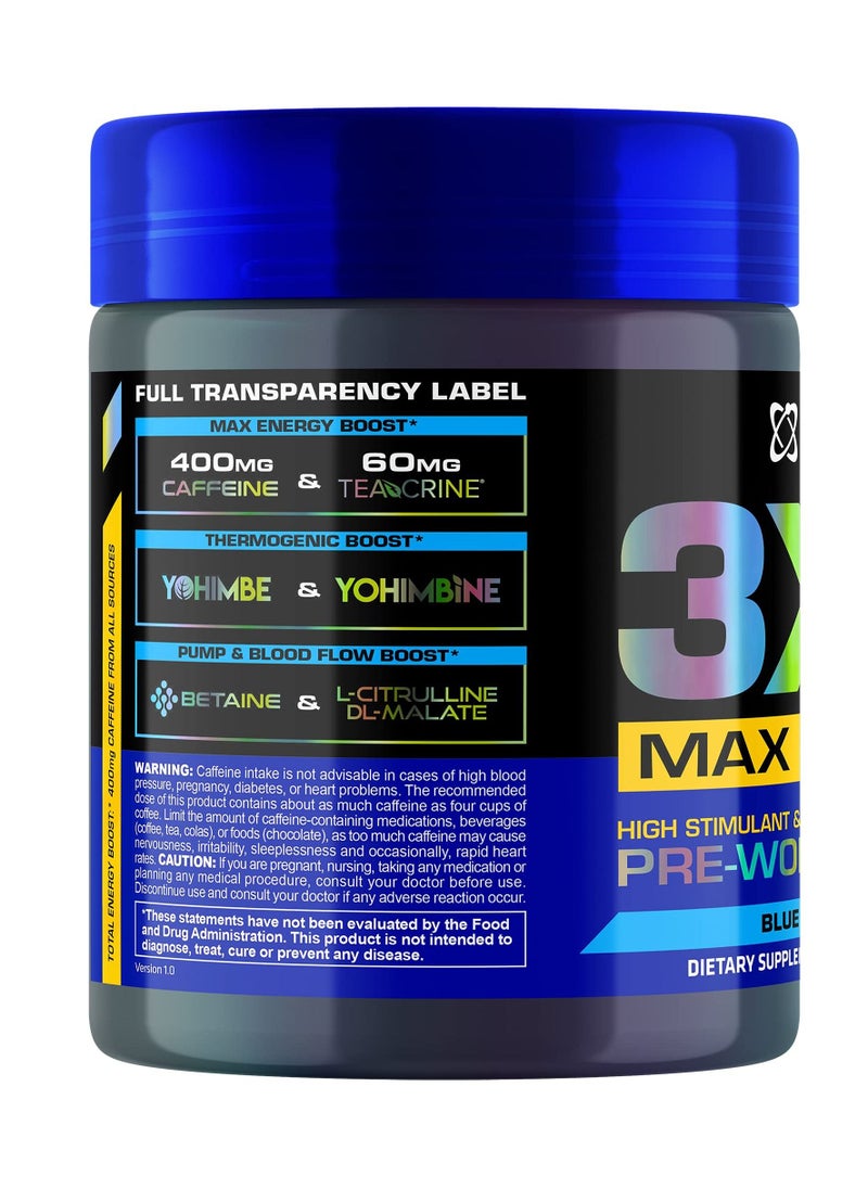 3XT Max Energy, High Stimulant And Thermogenic Pre-Workout, Blue Raspberry Flavour, 30Servings