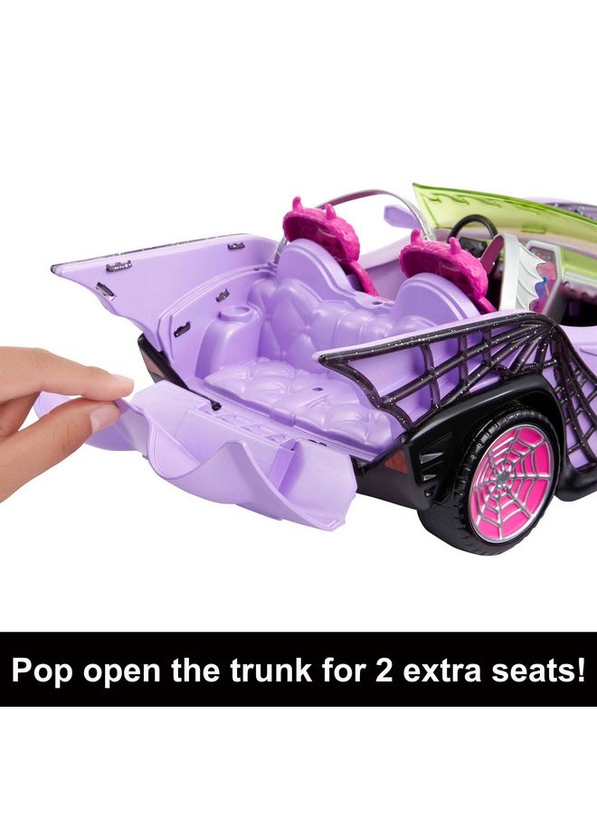 Toy Car, Ghoul Mobile With Pet & Cooler Accessories, Purple Doll-Sized Convertible With Spiderweb Details