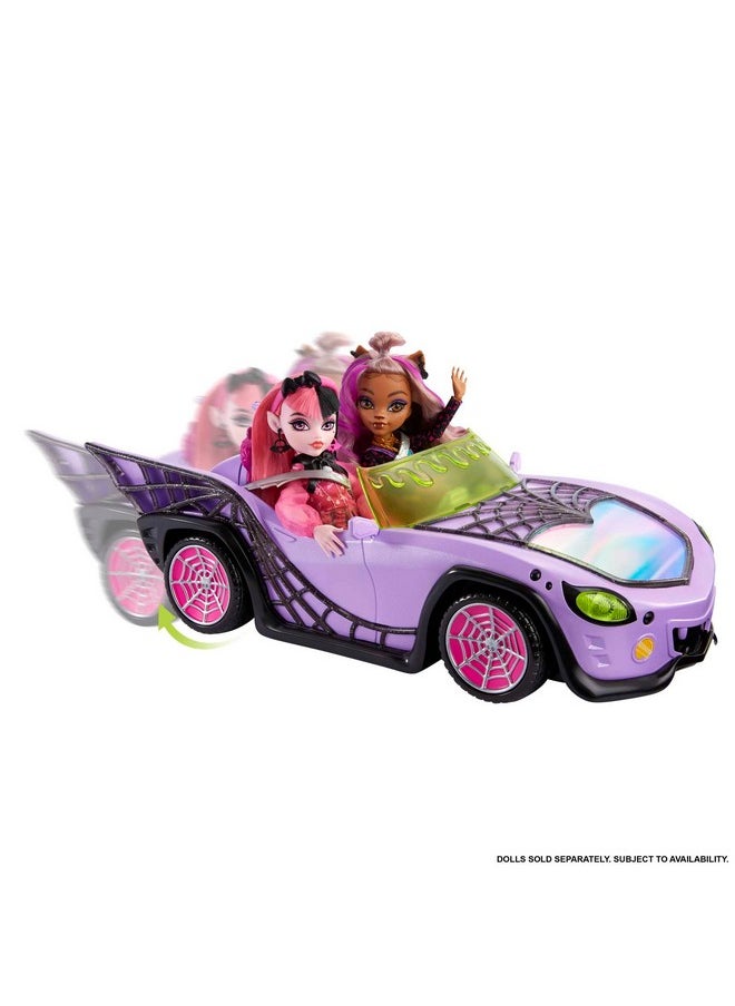 Toy Car, Ghoul Mobile With Pet & Cooler Accessories, Purple Doll-Sized Convertible With Spiderweb Details