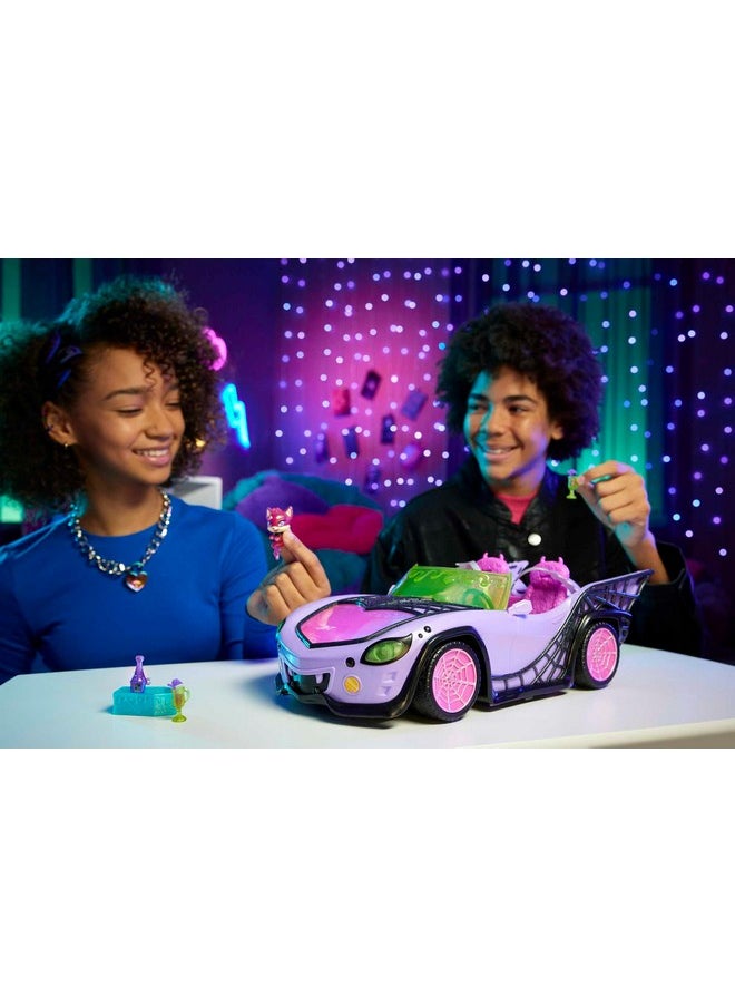 Toy Car, Ghoul Mobile With Pet & Cooler Accessories, Purple Doll-Sized Convertible With Spiderweb Details